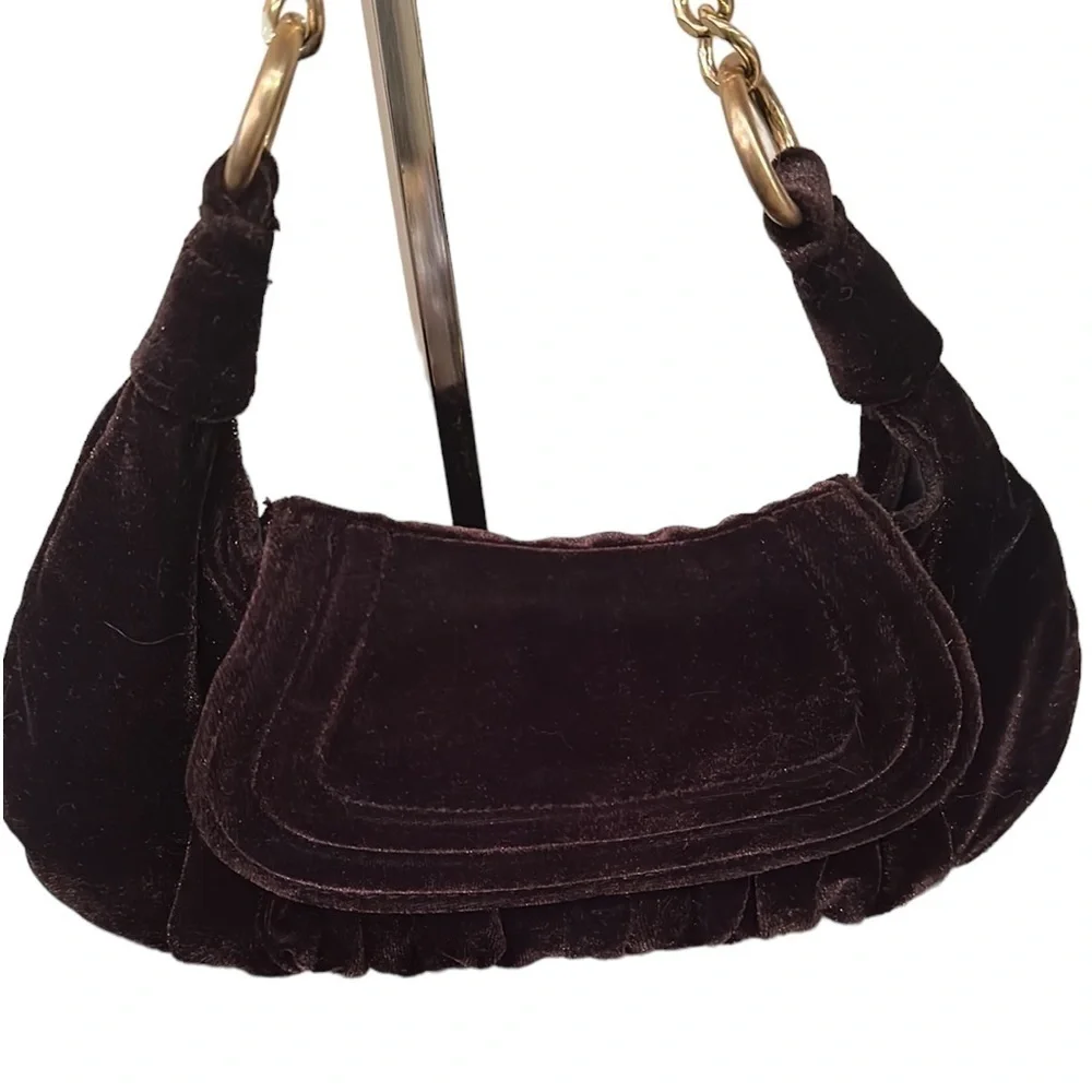 Ann Taylor LOFT dark chocolate Brown velvet east west bag gold chain handle